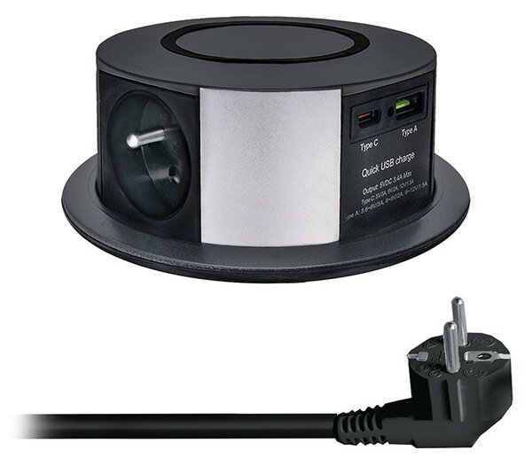 SOLIGHT 3z + USB A+C 20W PD, Wireless 10W, výsuvný blok zásuvek, 2m, černý