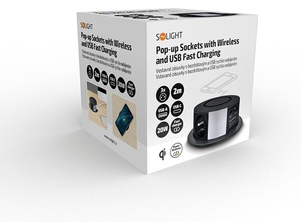 SOLIGHT 3z + USB A+C 20W PD, Wireless 10W, výsuvný blok zásuvek, 2m, černý