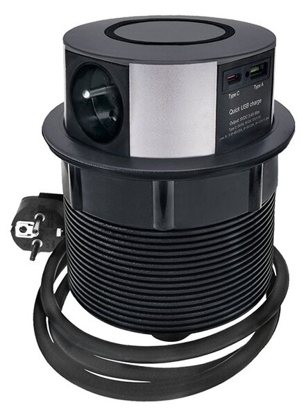 SOLIGHT 3z + USB A+C 20W PD, Wireless 10W, výsuvný blok zásuvek, 2m, černý