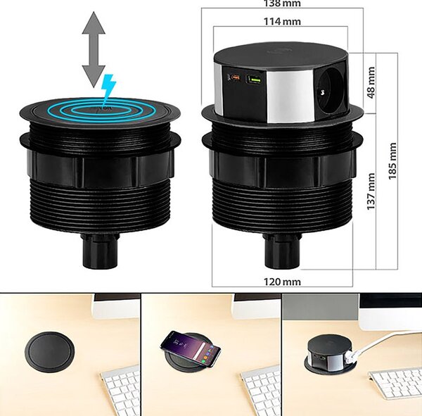 SOLIGHT 3z + USB A+C 20W PD, Wireless 10W, výsuvný blok zásuvek, 2m, černý