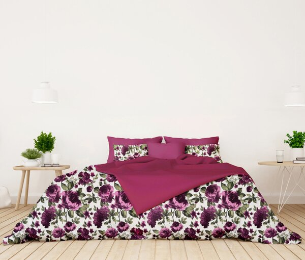 Ervi Zvýhodněná Sada Bavlněného DUO povlečení s Prostěradlem - fialové hortenzie a pivoňky/fuchsia