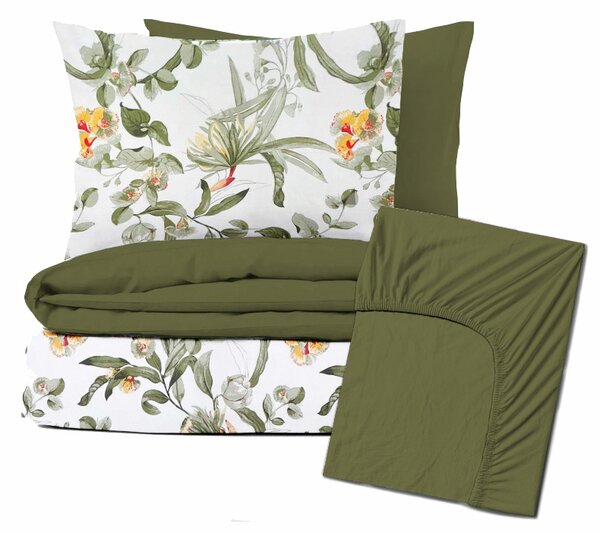 Ervi Zvýhodněná Sada Bavlněného DUO povlečení s Prostěradlem - kvetoucí eukalyptus zelený/olivové