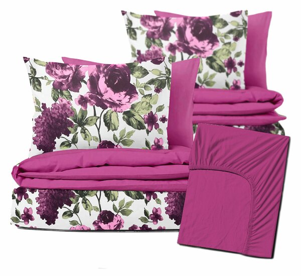 Ervi Zvýhodněná Sada Bavlněného DUO povlečení s Prostěradlem - fialové hortenzie a pivoňky/fuchsia