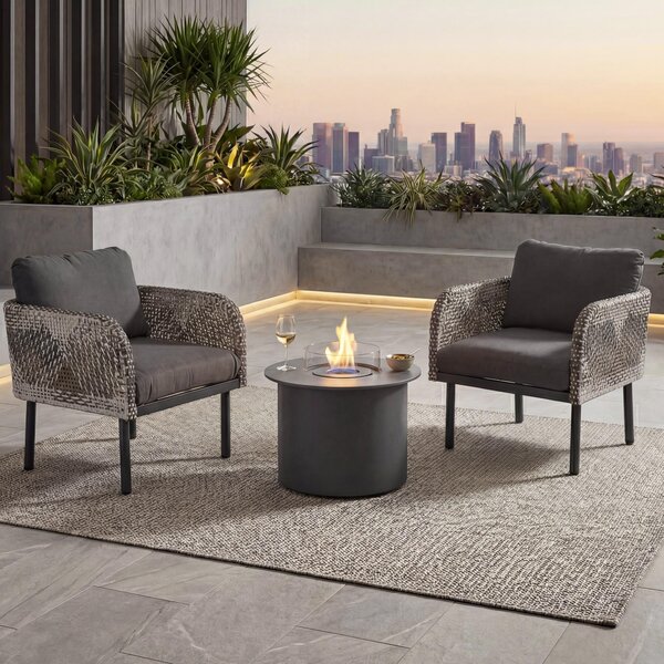 Sada z polyratanu HWC-P80, lounge set zahradní idle, stolní krb Bioethanol-Fire-Pit hliníková tkanina 220 g/m² tmav edá