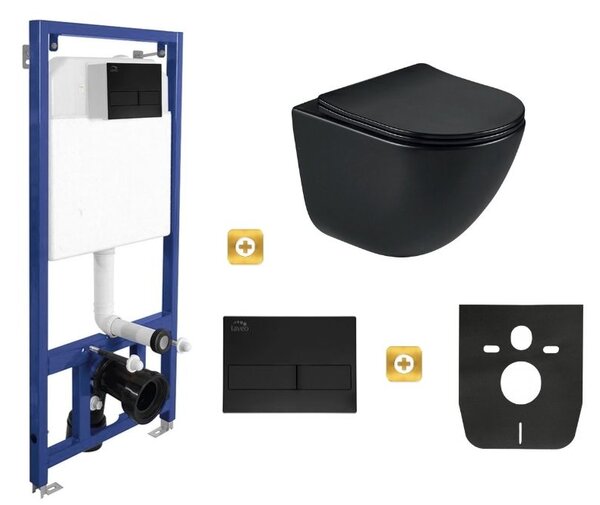 Erga Erga, závěsný set pod omítku Laveo Akan + závěsná WC mísa Lily+ s toaletním sedadlem z duroplastu + splachovací tlačítko, černá matná, ERG-SETLA…