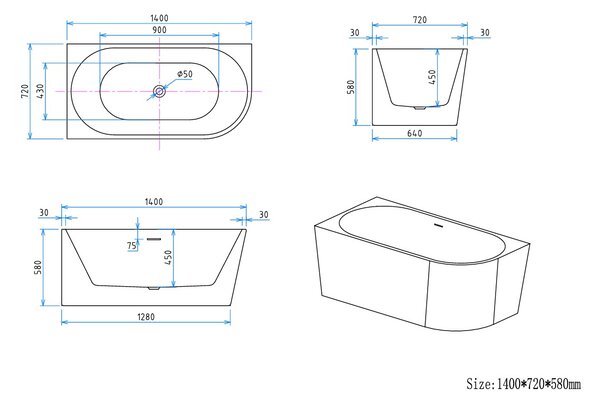 Erga Zara, rohová volně stojící vana 140x72 cm + odtoková zátka, levá, bílá lesklá, ERG-ZARA-140072L-WH-WH
