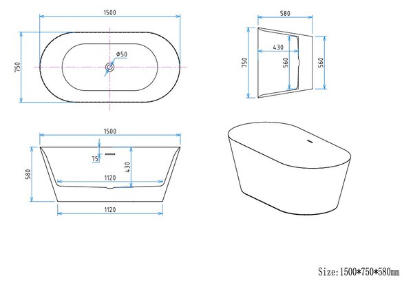 Erga Rhea, volně stojící vana 150x75 cm + odtoková zátka, bílá lesklá, ERG-RHEA-150075-WH-WH