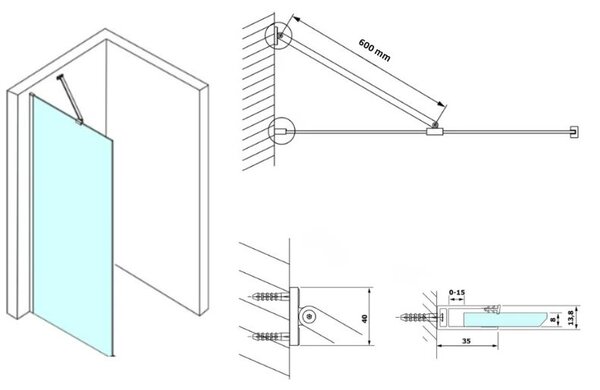 Erga Paris, rohová vzpěra pro sprchové zástěny o tloušťce skla 6(8)mm, délka 60cm, bílá matná, ERG-V02-PARIS-BAR60-WH