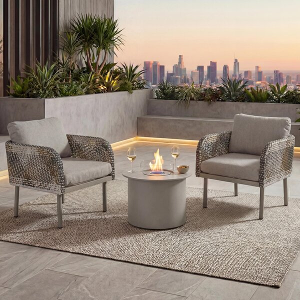 Sada z polyratanu HWC-P80, lounge set zahradní idle, stolní krb Bioethanol-Fire-Pit hliníková tkanina 220 g/m² krémov béová