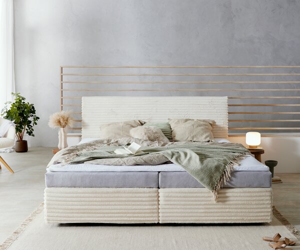 DELIFE Boxspring postel Dream-Well plyšový manšestr béžová 200x200 cm Bonell-matrace PU-topper