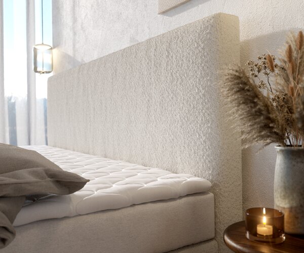 DELIFE Boxspring postel Dream-Well bouclé krémovo-bílá 200x200 cm bonell matrace PU topper