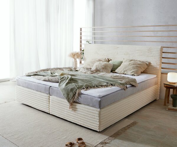 DELIFE Boxspring postel Dream-Well plyšový manšestr béžová 200x200 cm Bonell-matrace PU-topper