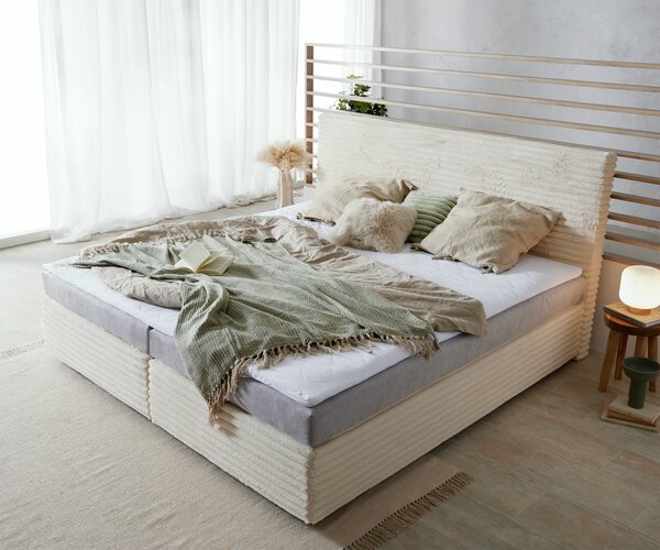 DELIFE Boxspring postel Dream-Well plyšový manšestr béžová 200x200 cm Bonell-matrace PU-topper