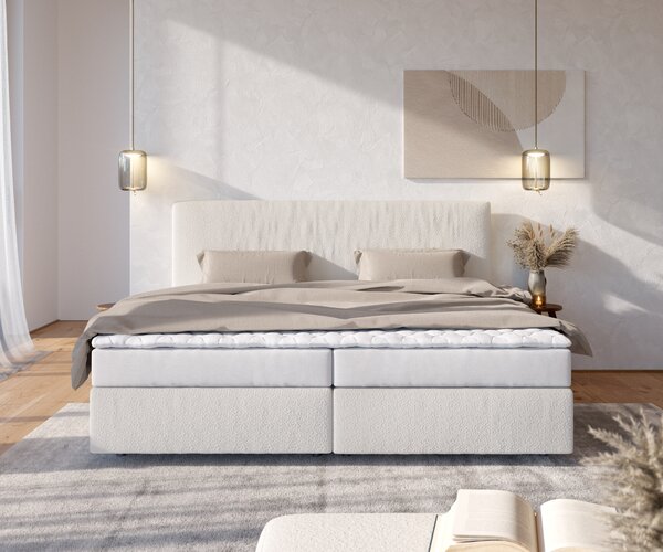 DELIFE Boxspring postel Dream-Well bouclé krémovo-bílá 200x200 cm bonell matrace PU topper