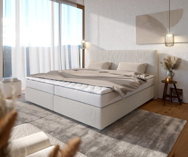 DELIFE Boxspring postel Dream-Well bouclé krémovo-bílá 200x200 cm bonell matrace PU topper