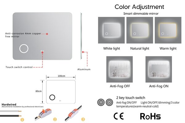 Erga Myra, LED zrcadlo 100x80 cm s kosmetickým zrcadlem 3x zvětšení, 4114 lm, 3 barvy světla, zadní osvětlení, ERG-V01-MYRA-1080-00