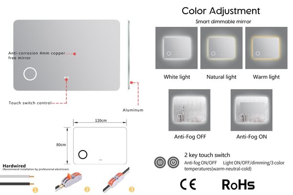 Erga Myra, LED zrcadlo 120x80 cm s kosmetickým zrcadlem 3x zvětšení, 4598 lm, 3 barvy světla, zadní osvětlení, ERG-V01-MYRA-1280-00