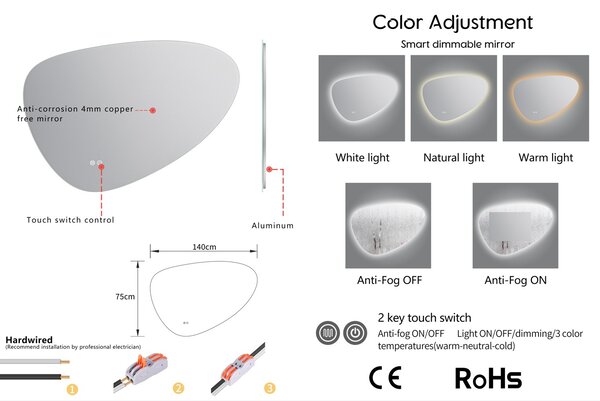 Erga Myra, LED zrcadlo 140x80 cm s kosmetickým zrcadlem 3x zvětšení, 5082 lm, 3 barvy světla, zadní osvětlení, ERG-V01-MYRA-1480-00
