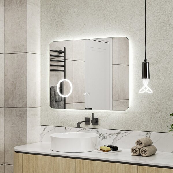 Erga Myra, LED zrcadlo 80x60 cm s kosmetickým zrcadlem 3x zvětšení, 3146 lm, 3 barvy světla, zadní osvětlení, ERG-V01-MYRA-8060-00
