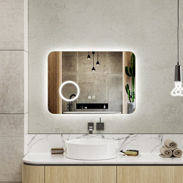 Erga Myra, LED zrcadlo 70x50 cm s kosmetickým zrcadlem 3x zvětšení, 2662 lm, 3 barvy světla, zadní osvětlení, ERG-V01-MYRA-7050-00