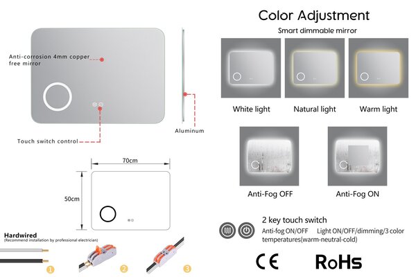 Erga Myra, LED zrcadlo 70x50 cm s kosmetickým zrcadlem 3x zvětšení, 2662 lm, 3 barvy světla, zadní osvětlení, ERG-V01-MYRA-7050-00