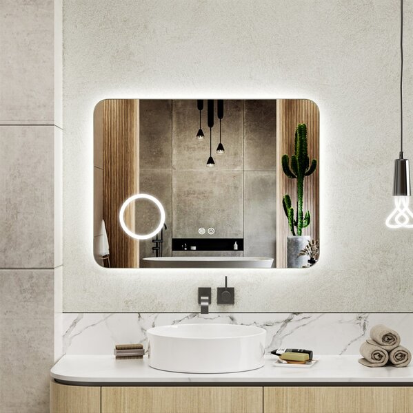 Erga Myra, LED zrcadlo 80x60 cm s kosmetickým zrcadlem 3x zvětšení, 3146 lm, 3 barvy světla, zadní osvětlení, ERG-V01-MYRA-8060-00