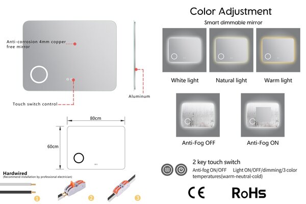 Erga Myra, LED zrcadlo 80x60 cm s kosmetickým zrcadlem 3x zvětšení, 3146 lm, 3 barvy světla, zadní osvětlení, ERG-V01-MYRA-8060-00