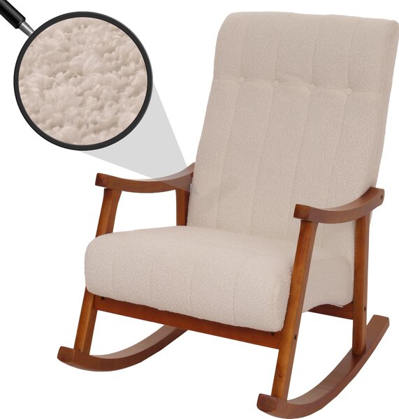 Houpací křeslo HWC-K10, polohovatelné, dřevo látka/textil bouclé (450g/m²) béová, rám ve vzhledu oechu