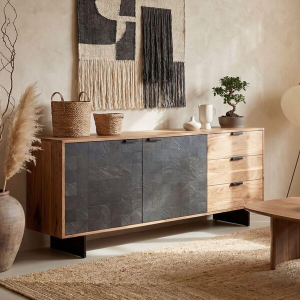 Komoda FineBuy z masivního akáciového deva, 175 cm, 2 dvíka a 3 zásuvky – masivní retro komoda v kamenném vzhledu – designová komoda v pírodním stylu – run vyrobená v industriálním stylu