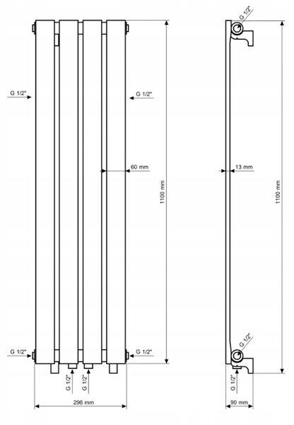 Gamma Vertical, topné těleso 1100x296 mm, 368W, černá matná, GMA-VERT-1100296-BK