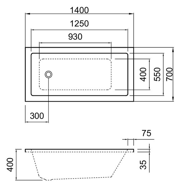 Erga Pureline-S, vana 1400x700x400 mm bez nožiček, bílá lesklá, ERG-V07-PURELINE-S-140x070-WH