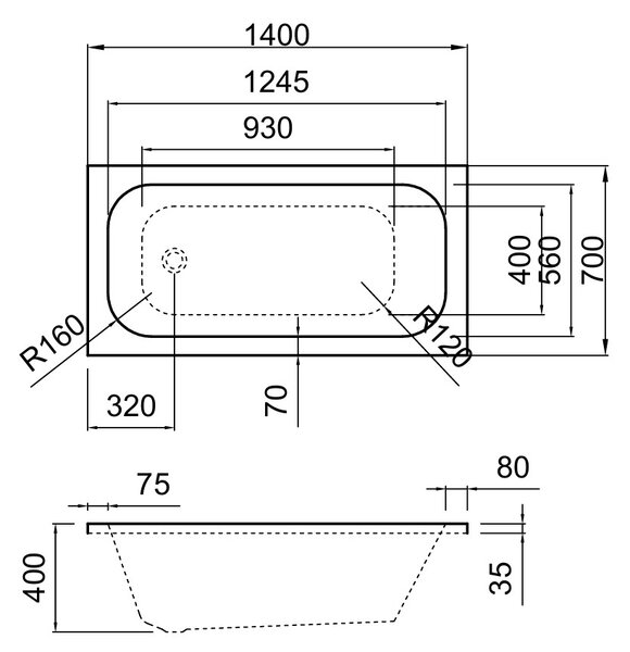 Erga Pureline-O, vana 1400x700x400 mm bez nožiček, bílá lesklá, ERG-V07-PURELINE-O-140x070-WH