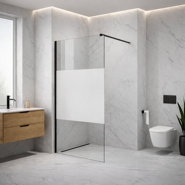 Erga Paris, sprchová zástěna Walk-In 80x200 cm, 8mm čiré/mléčné sklo, černý profil, ERG-V02-PARIS-080x200-MF-BK