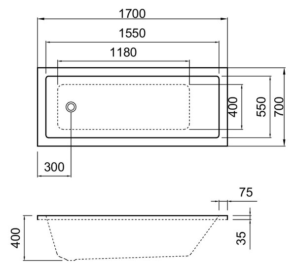 Erga Pureline-S, vana 1700x700x400 mm bez nožiček, bílá lesklá, ERG-V07-PURELINE-S-170x070-WH