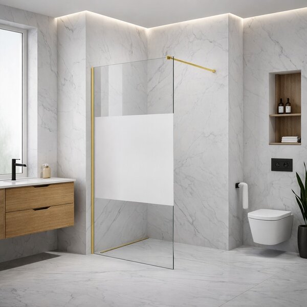 Erga Paris, sprchová zástěna Walk-In 80x200 cm, 8mm čiré/mléčné sklo, zlatý lesklý profil, ERG-V02-PARIS-080x200-MF-GD
