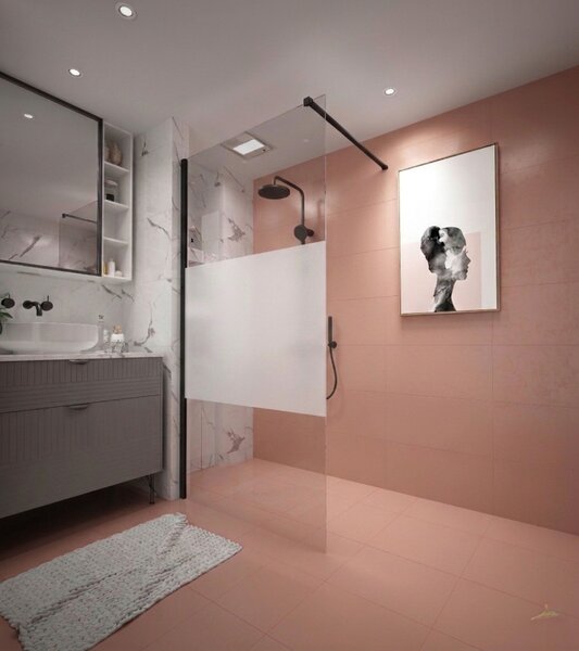 Erga Paris, sprchová zástěna Walk-In 80x200 cm, 8mm čiré/mléčné sklo, černý profil, ERG-V02-PARIS-080x200-MF-BK