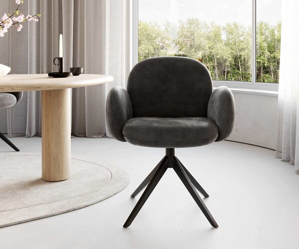 DELIFE Jídelní židle Nube-Flex s područkami mikrovlákno antracit vintage křížová podnož široká černá otočná o 360° taštičkové pružiny