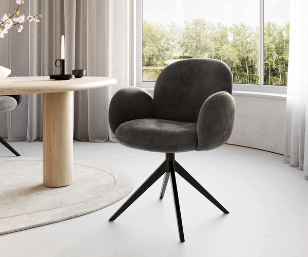 DELIFE Jídelní židle Nube-Flex s područkami mikrovlákno antracit vintage křížová podnož široká černá otočná o 360° taštičkové pružiny