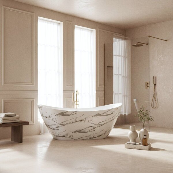 Rea Ferrano Slim, volně stojící vana 170x73 cm, imitace kamene, bílý click-clack, REA-W0505