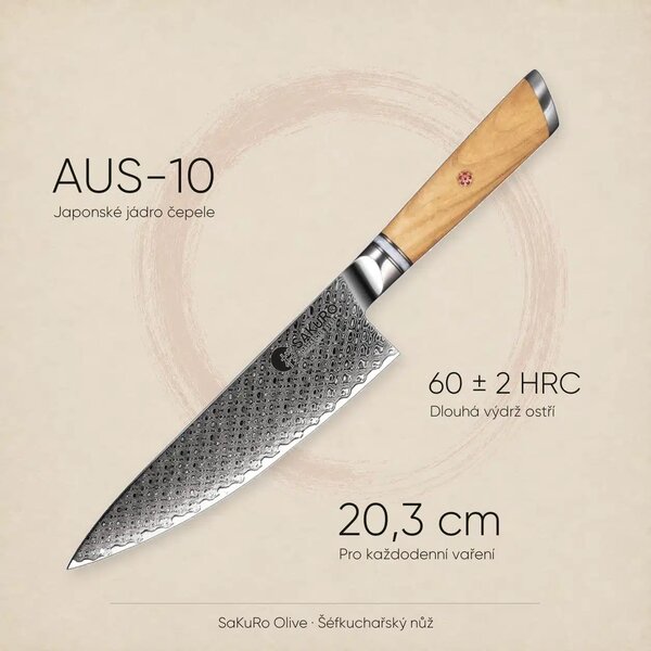 Šéfkuchařský nůž z damaškové oceli SaKuRo Olive 20,3 cm