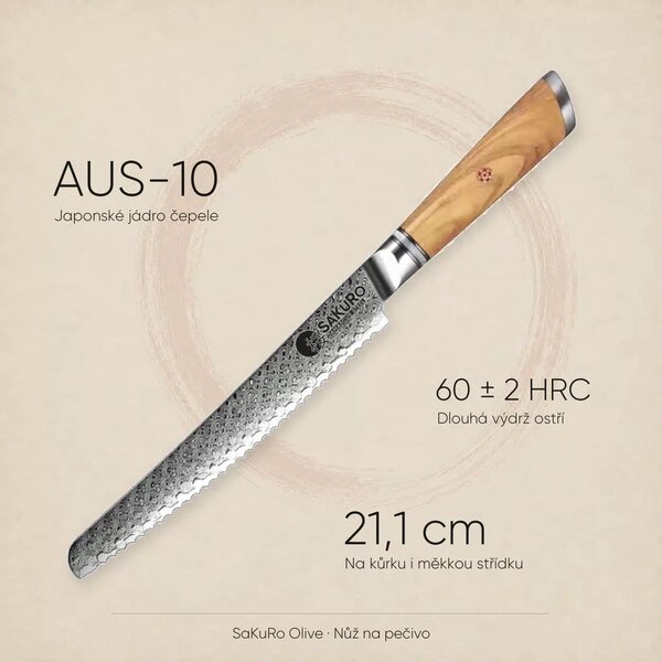 Kuchyňský nůž na pečivo z damaškové oceli SaKuRo Olive 21,1 cm