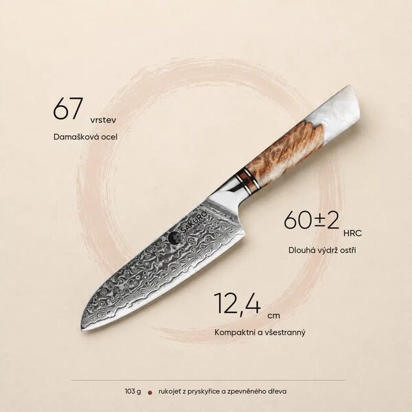 Santoku nůž z damaškové oceli SaKuRo White Resin 12,4 cm