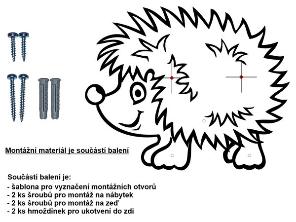 PokojovaDekorace.cz, Dřevěný věšák na zeď Ježek – 3 kolíky, 30 x 24 cm Barva kolíků: Modrá