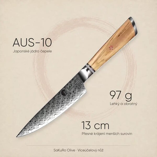 Víceúčelový nůž z damaškové oceli SaKuRo Olive 13 cm