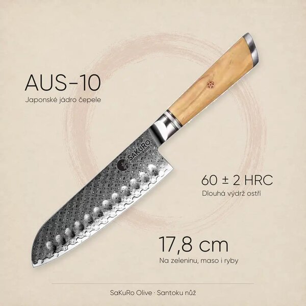 Santoku nůž z damaškové oceli SaKuRo Olive 17,8 cm