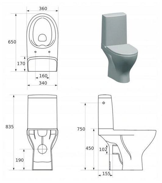 Cersanit Moduo - WC Kombi zadní odpad 3/5 CLEAN ON+WC sedátko SC duroplast SLIM, Bílá, K116-029