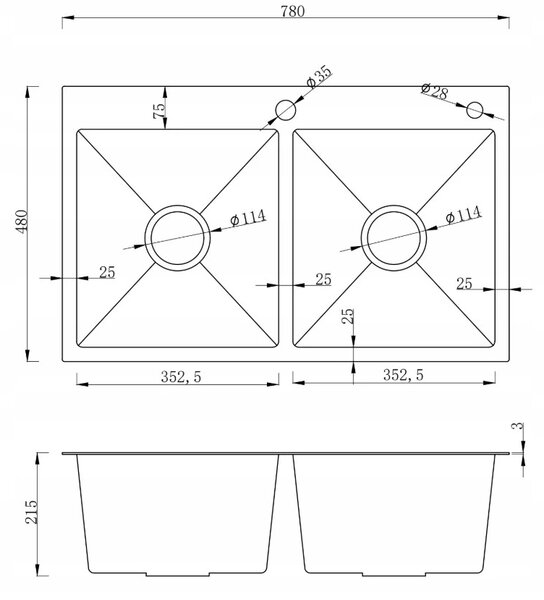 Erga HD, 2-komorový ocelový dřez 780x480x215 mm, broušená ocel, ERG-MLS-LEX7848
