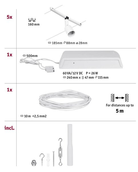 Paulmann Wire Salt lankový systém, 5x, 5 m bílá, Bílá / opál, Chodba, kov, Moderní