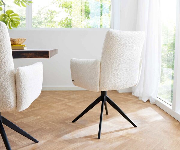 DELIFE Jídelní židle Jova-Flex s područkami bouclé bílá křížová podnož široká černá otočná 360° taštičkové pružiny
