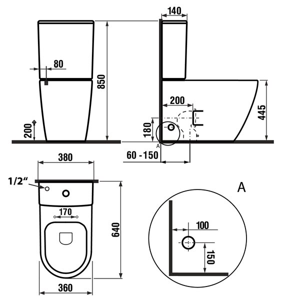 Sapho Sapho, TURKU kombi WC, Vortex Rimless, spodní/zadní odpad, bílá, PC104V